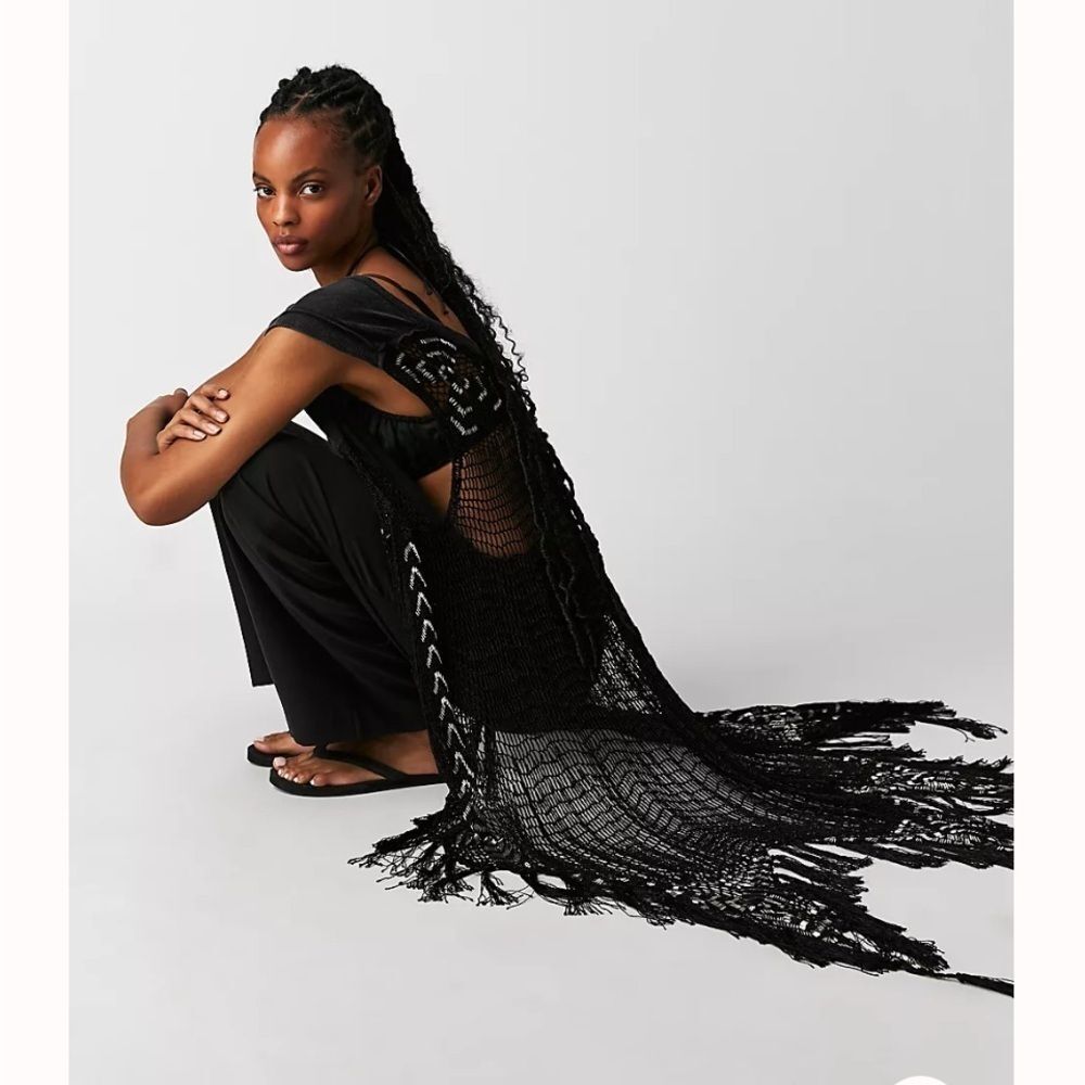 Free People Black Sleeveless Tassels Top Beach Bum Tank
